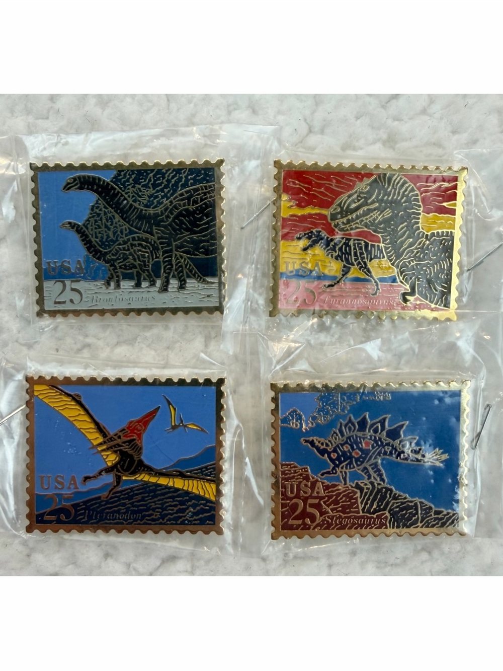 (VTG NOS) USPS • 1989 Dinosaur Stamp Collectible Enamel Pin Set, Lot of 4